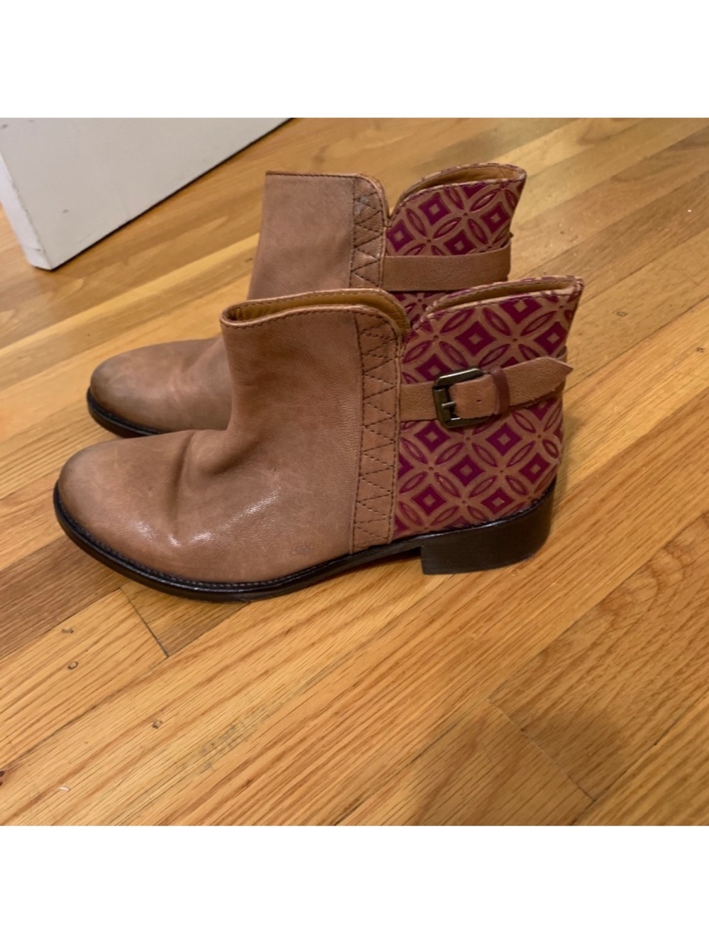 anthropologie Women's Tan Ankle Boots with Pink Patterned Panel